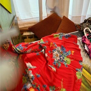 Trashy Diva Red Midi Dress with Blue and Green Floral Design